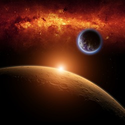 Abstract scientific background - planets Earth and Mars in space, red galaxy, bright red sun. Elements of this image furnished by NASA.