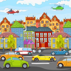 City Cartoon with Traffic. Vector Illustration. EPS 10.