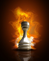 Burning white chess rook in Fire. high resolution 3d illustration
