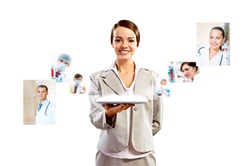 attractive woman holding a tablet pc and smiling, concept of social networks, collage