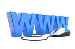Internet symbol www connected to a mouse. 3d illustration isolated on a white background