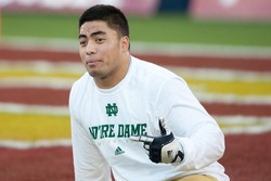 LOS ANGELES - NOVEMBER 24: Manti Te'o #5 of the Notre Dame Fighting Irish before the NCAA Football game against the USC Trojans on November 24, 2012 at the Los Angeles Memorial Coliseum.