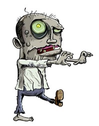 Cartoon illustration of a ghoulish undead green zombie in tattered clothing with a skull-like face and cavernous glowing eye , isolated on white
