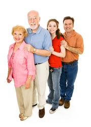 Grandparents, middle aged father, and teen girl, all together. Full body isolated on white.