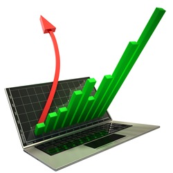 3d laptop with graph and red arrow isolated on white background. High resolution