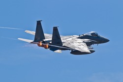 HILLSBORO, OR - AUG 5: Oregon Air National Guard F-15 Eagle aircraft fly by during Oregon Air Show at Hillsboro Airport on August 5, 2012 in Hillsboro, OR.