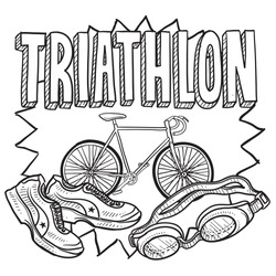 Doodle style triathlon illustration in vector format. Includes text and swimming goggles, bicycle, and running shoes.