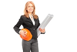 Female architect holding a blueprint and a helmet isolated on white background