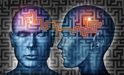 Communication solutions and mind control with a group of communicating human heads on a labyrinth or maze pattern with a laser light connection the thinking network of two brains.