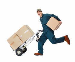 Running delivery postman with box. Isolated on white background.