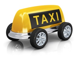 Creative taxi concept: car from yellow taxi roof sign and wheels isolated on white background with reflection effect