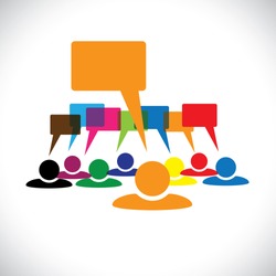 Concept graphic- leader & workers talking ( speech bubbles ). This colorful illustration can also represent people diversity, teamwork, employee conversation & interaction, worker discussions, etc