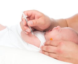 Doctor vaccinating child baby flu injection shot isolated on a white background