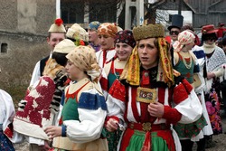 RIMETEA - FEB 28: Local unidentified villagers of Rimetea (Torocko) attending a unique show, the celebration and carnival with mask at the ending of winter. On February 28, 2009, in Rimetea, Romania.