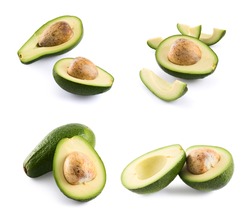 Avocado alligator pear fruit composition isolated over white background, set of four foreshortenings