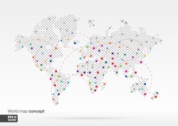 Stylized World Map concept with biggest cities. Globes business background.Colorful vector illustration. With lines for communication, travel, transport, network and web design.