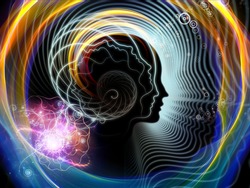 Composition of human feature lines and symbolic elements with metaphorical relationship to human mind, consciousness, imagination, science and creativity