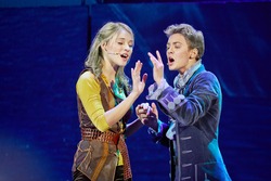 MOSCOW - DEC 15: Actors sing a duet in scene from musical spectacle for children Treasure Island on stage at Big Concert Hall Izmailovo, December 15, 2012, Moscow, Russia.