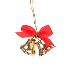 Two christmas bells with red ribbon. Isolated on a white background.
