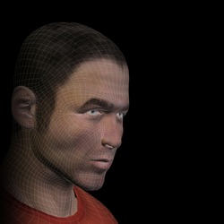 High resolution concept or conceptual 3D wireframe human male head isolated on black background as a metaphor for technology,cyborg,digital,virtual,avatar,model,science,fiction,future,mesh or abstract