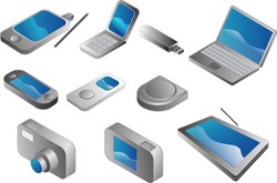 Electronic gadgets, vector clipart isometric style: pda phone, clamshell cellphone, usb pendrive, notebook, portable game player, mp3 player, cd player, digital camera, tablet pc