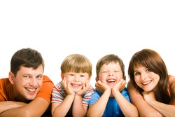 Line of happy family members looking at camera and smiling over white background