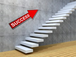 Concept conceptual white stone concrete stair steps near brick wall background with wood floor, metaphor to architecture, success, climb, business, staircase, stairway, rise, achievement growth future