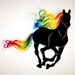 Beautiful running Horse black silhouette with bright color abstract tail and mane, for 2014 New Year design