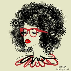 art sketched beautiful girl face with curly floral ornamental hair and glasses in vector