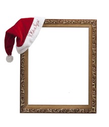 Empty frame with the hat Santa Claus with the words "happy new year!" in Russian.