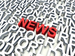 Word News in red, salient among other related keywords concept in white. 3d render illustration.