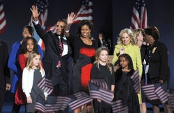 Malia Obama, US President Elect Senator Barack Obama, Michelle Obama, Sasha Obama, Jill Biden, Joe Biden at Barack Obama US Presidential Election Victory Speech, Chicago, Nov 04, 2008