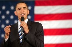 Barack Obama on stage for Barack Obama Presidential Campaign Rally, Keene High School gym, Keene, NH, January 06, 2008