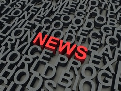 Word News in red, salient among other keywords concept in grey. 3d render illustration.