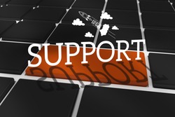 The word support and idea and innovation graphic against black keyboard with brown key