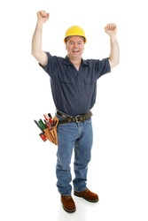 Construction worker excited by his success or good fortune. Full body isolated on white.