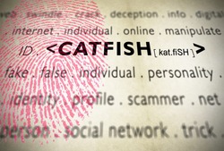 Modern design with fingerprint for catfish word, term used when someone creates a false identity at social media network chats and a fake profile to flirt and deceive people in internet