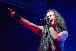 BOLKOW, POLAND - JULY 18, 2014: Fernando Ribeiro during concert band Moonspell at the Castle Party dark independent festival. Castle Party is annual festival with the gothic, rock and electro music.
