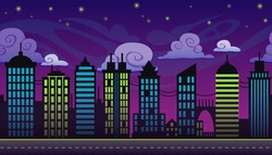 Seamless cartoon night city landscape, vector unending background with road, buildings and sky layers