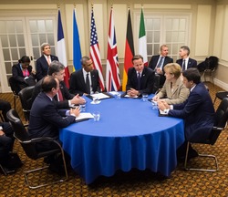 NEWPORT, WALES, UK - Sep 4, 2014: French President Hollande, President of Ukraine Poroshenko, US President Obama, British Prime Minister Cameron and German Chancellor Merkel during at NATO summit