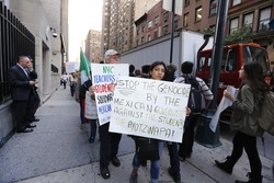 NEW YORK CITY - OCTOBER 8 2014: activists protested in front of the Mexican consulate demanding the Mexican government account for the kidnapping and murder of 43 students from the Ayotzinpapa school