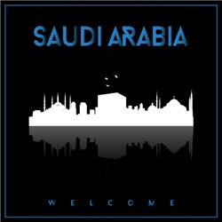Saudi Arabia, skyline silhouette vector design on parliament blue and black background.