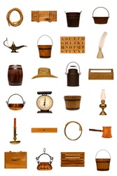 Collection of assorted antique objects isolated on white: rope, crate, bucket, kettle, lamp, alphabet, blocks, ink, well, feather, barrel, hat, can, tool, box, scale, oil, candle, lasso, pan