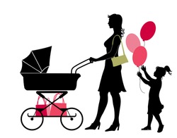 Vector illustration of the walking mother, pushing the stroller and her daughter, holding the balloons.