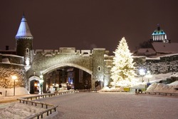 Quebec city landmark. Old fortress in winter. Night scene from Quebec city, Canada.