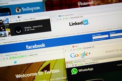 LISBON, PORTUGAL - DECEMBER 30, 2014: Photo of Instagram, Pinterest, Ello, Linkedin, Facebook, Twitter, Google+, and Whatsapp homepage on a monitor screen.