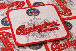 Prague,Czech Republic-December 3,2014: Beermats from Budweiser beer. Budweiser Budvar beer is brewed only in Ceske Budejovice and is never licensed.
