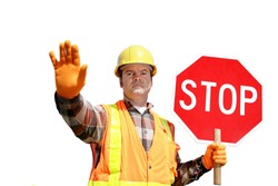 A construction worker stopping traffic, holding a stop sign. Isolated on white.