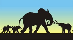 Detailed silhouettes of a mother and three young african elephants. Full editable figures with feet included.