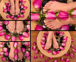 Being pampered in a spa with aromatic roses and herbal foot bath